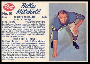 Bill Mitchell 1962 Post CFL football card