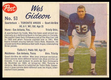 Wes Gideon 1962 Post CFL football card