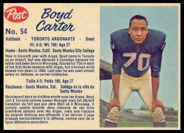 Boyd Carter 1962 Post CFL football card
