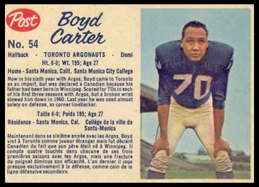 Boyd Carter 1962 Post CFL football card Boyd Carter 1962 Post CFL football card