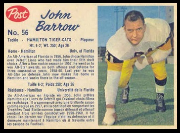 John Barrow 1962 Post CFL football card John Barrow 1962 Post CFL football card
