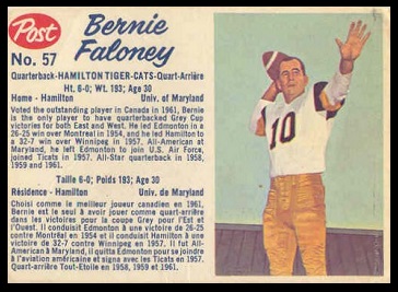 Bernie Faloney 1962 Post CFL football card