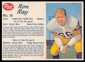 Ron Ray 1962 Post CFL football card