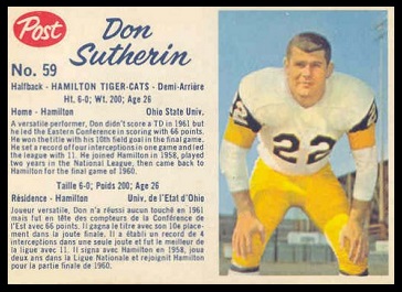 Don Sutherin 1962 Post CFL football card