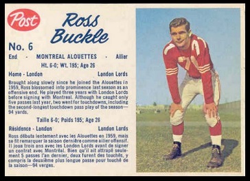 Ross Buckle 1962 Post CFL football card