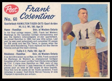 Frank Cosentino 1962 Post CFL football card Frank Cosentino 1962 Post CFL football card