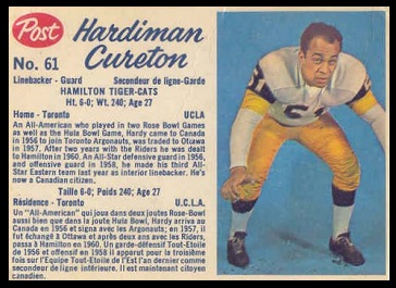 Hardiman Cureton 1962 Post CFL football card