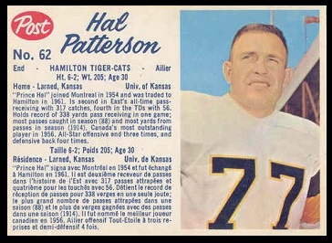 Hal Patterson 1962 Post CFL football card