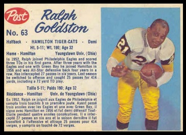 Ralph Goldston 1962 Post CFL football card