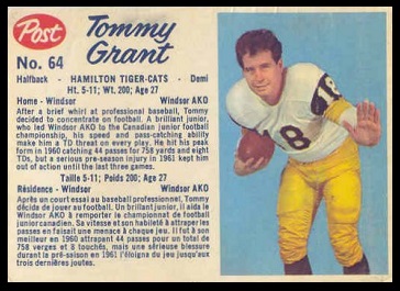 Tommy Grant 1962 Post CFL football card