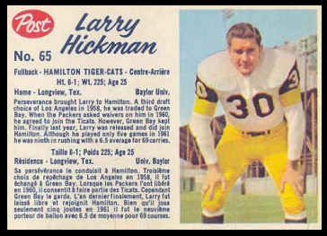 Larry Hickman 1962 Post CFL football card