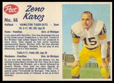 Zeno Karcz 1962 Post CFL football card