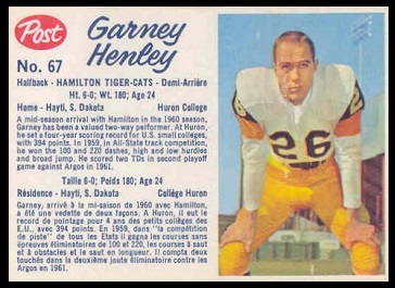 Garney Henley 1962 Post CFL football card