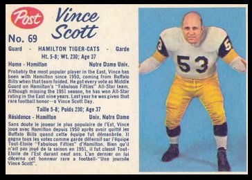 Vince Scott 1962 Post CFL football card