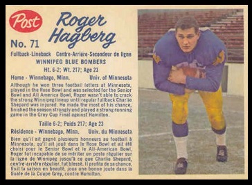 Roger Hagberg 1962 Post CFL football card