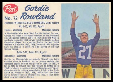 Gord Rowland 1962 Post CFL football card