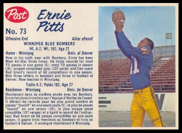 Ernie Pitts 1962 Post CFL football card Ernie Pitts 1962 Post CFL football card