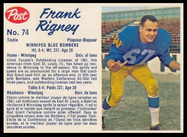 Frank Rigney 1962 Post CFL football card