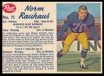 Norm Rauhaus 1962 Post CFL football card