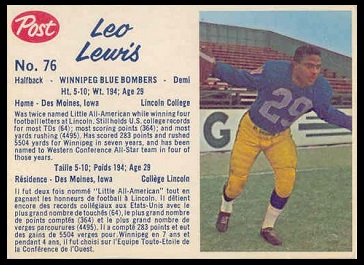 Leo Lewis 1962 Post CFL football card Leo Lewis 1962 Post CFL football card