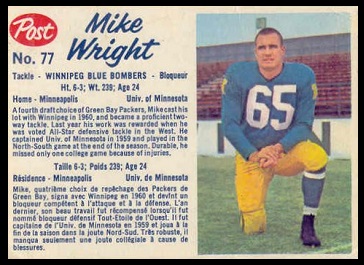 Mike Wright 1962 Post CFL football card