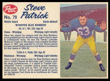 Steve Patrick 1962 Post CFL football card Steve Patrick 1962 Post CFL football card