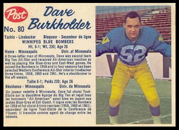 Dave Burkholder 1962 Post CFL football card