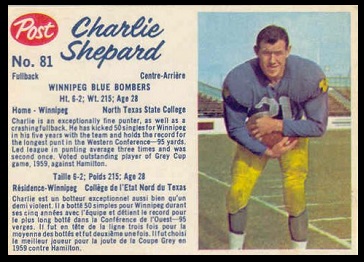 Charlie Shepard 1962 Post CFL football card