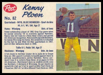 Ken Ploen 1962 Post CFL football card