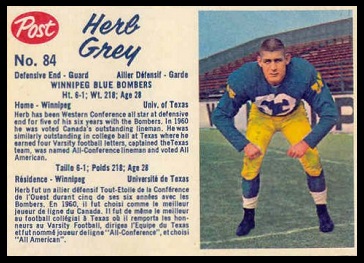Herb Gray 1962 Post CFL football card Herb Gray 1962 Post CFL football card