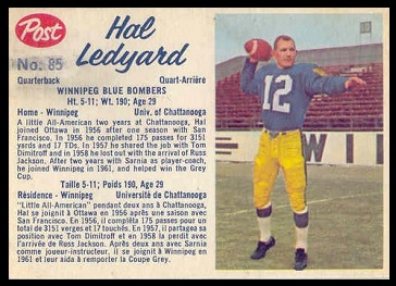 Hal Ledyard 1962 Post CFL football card