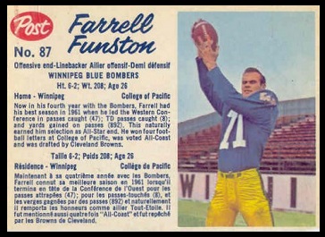 Farrell Funston 1962 Post CFL football card