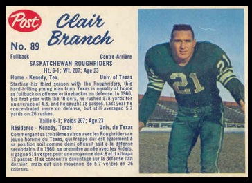 Clair Branch 1962 Post CFL football card