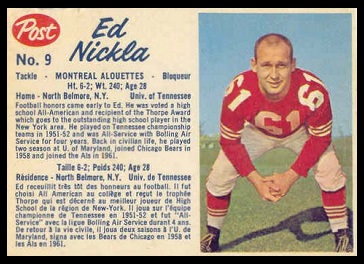 Ed Nickla 1962 Post CFL football card