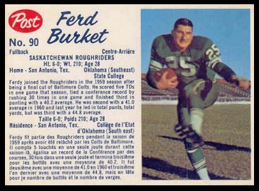 Ferd Burket 1962 Post CFL football card