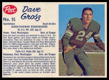 Dave Grosz 1962 Post CFL football card