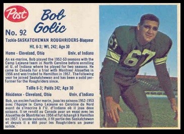 Bob Golic 1962 Post CFL football card