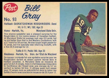 Billy Gray 1962 Post CFL football card