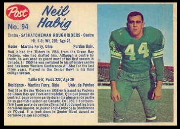 Neil Habig 1962 Post CFL football card