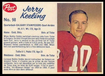 Jerry Keeling 1962 Post CFL football card