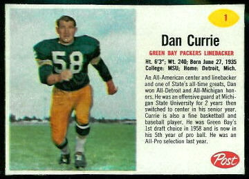 Dan Currie 1962 Post Cereal football card