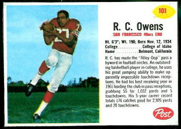 R.C. Owens 1962 Post Cereal football card