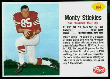 Monty Stickles 1962 Post Cereal football card