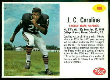 J.C. Caroline 1962 Post Cereal football card