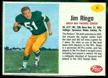 Jim Ringo 1962 Post Cereal football card Jim Ringo 1962 Post Cereal football card