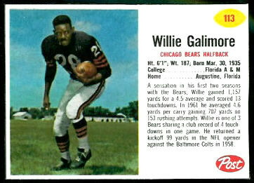 Willie Galimore 1962 Post Cereal football card