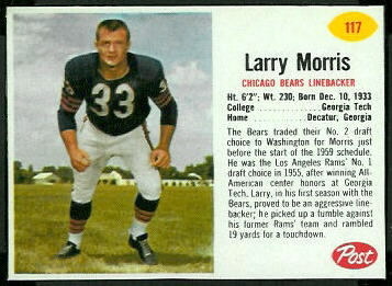 Larry Morris 1962 Post Cereal football card