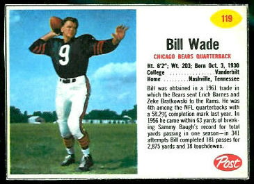 Bill Wade 1962 Post Cereal football card