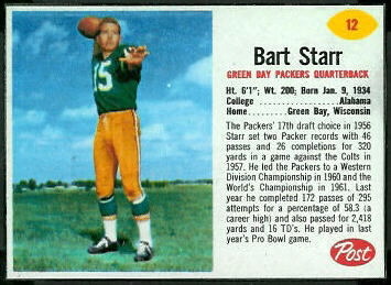 Bart Starr 1962 Post Cereal football card