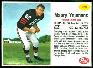 Maury Youmans 1962 Post Cereal football card